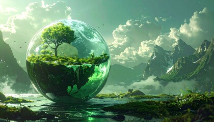 A serene, vibrant landscape, with a miniature world encased in a glassy sphere, showcasing lush greenery and tranquil mountains.