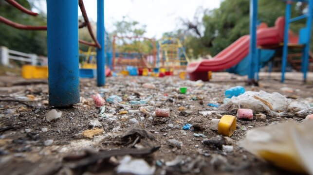 Neglected playground filled with litter, broken toys, and food wrappers, showcasing environmental pollution and neglect. scene evokes sense of sadness and loss for once vibrant space