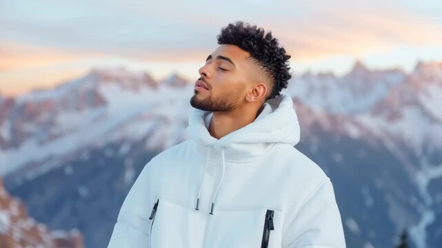 Young man in a white puffer jacket against snowy mountains looking up &mdash; a shot of winter travel and cold outdoor lifestyle.