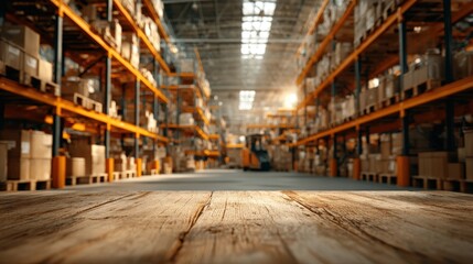 Warehouse Interior with Stocked Shelves and Wooden Foreground, Logistics and Distribution Concept