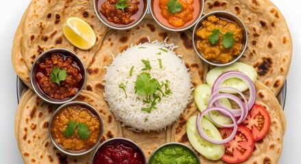 Traditional Indian vegetarian thali platter with assorted curries, rice, paratha flatbread, and chutneys served for lunch or dinner