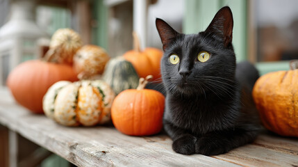 Black kitten sitting with orange pumpkins autumn decoration