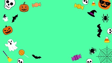 A vibrant green background framed by a festive assortment of Halloween-themed cartoon illustrations including pumpkins, ghosts, bats, spiders, skulls, and candies.