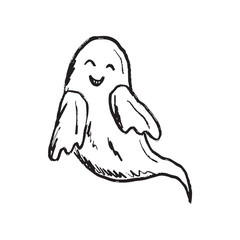 Happy ghost flying as a symbol of happy Halloween in black brush stroke texture isolated on white. Hand drawn vector sketch illustration in vintage charcoal ink. Scary creature, holiday symbol