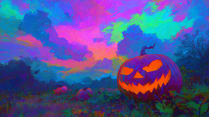 Vibrant Halloween Scene Featuring a Grinning Pumpkin Amidst a Colorful Sky and Fields