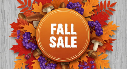 Autumnal sale banner featuring orange circle with "Fall Sale" text, surrounded by leaves, berries, acorns, and mushrooms on wood background Free space for text
