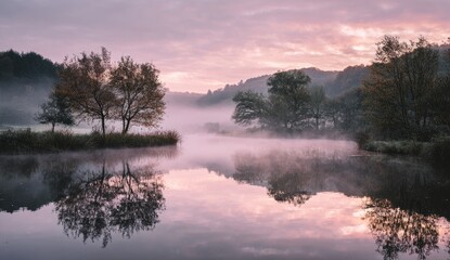 Obraz premium Misty morning on a tranquil lake, trees reflected