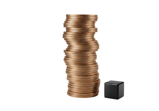 Precisely balanced twisted spiral stack of polished bronze coins with ridged edges, beside a black onyx cube, on a solid transparent background, concept of luxury and precision