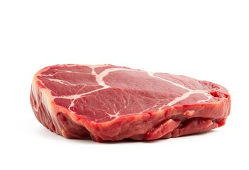 A thick-cut raw T-bone steak, marbled with fat, sits alone against a pristine white backdrop,  beef steak,  backdrop