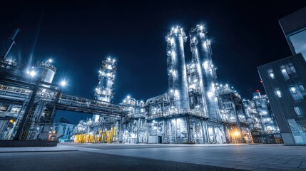 Illuminated Petrochemical Plant at Night: Industrial Complex for Energy Production and Chemical Manufacturing