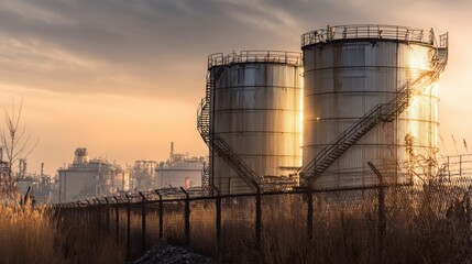 Obraz premium Industrial Storage Tanks at Sunset: Fuel and Energy Production Infrastructure for Petroleum and Chemical Industries