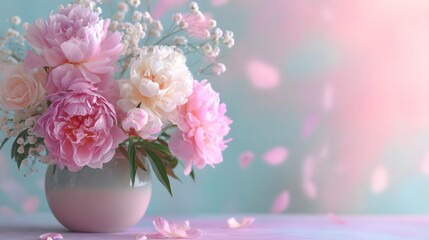 Pink and white peonies and roses in a vase with falling petals pink peonies pink roses