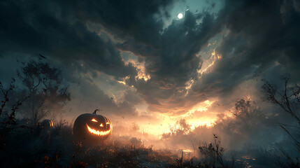 Spooky Halloween night with glowing pumpkins under a dramatic sky at dusk