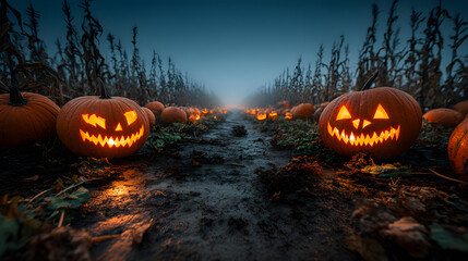 Pumpkin patch with glowing carved faces, HDR long exposure with fog trails, golden ratio balance, tetradic vivid palette, glossy vibrant detail
