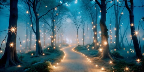 Enchanted misty forest pathway illuminated by magical twinkling lights and glowing orbs in a fairytale ambiance