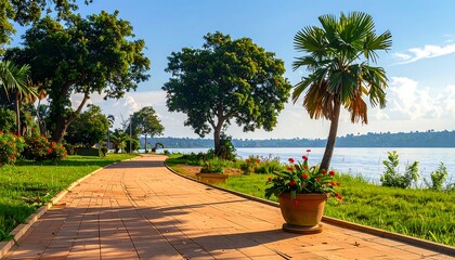 A paved walkway winds through a lush park, leading to a serene river scene under a vibrant blue sky.