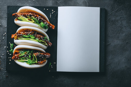 Open Notebook with Bao Buns on Slate
