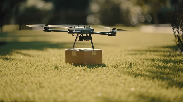 Drone in flight with a parcel over a residential yard &mdash; shot for logistics, last-mile delivery, service advertising and tech demos.