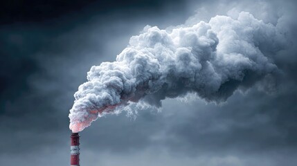A factory chimney emitting smoke against a dark, stormy sky.