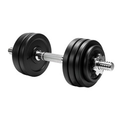 Naklejka premium A sleek, black adjustable dumbbell takes center stage against a pristine white background, showcasing its modern, space-saving design and engineered precision. Featuring a chrome-finished bar and mult
