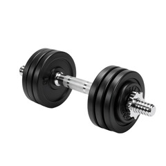 Fototapeta premium A sleek, black adjustable dumbbell takes center stage against a pristine white background, showcasing its modern, space-saving design and engineered precision. Featuring a chrome-finished bar and mult