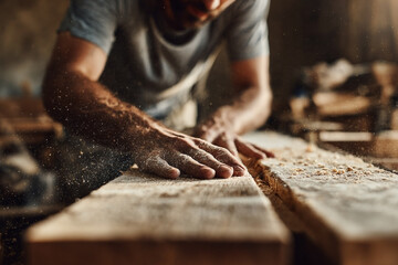Crafting with Precision: Carpenter shaping wood in dusty workshop ambience