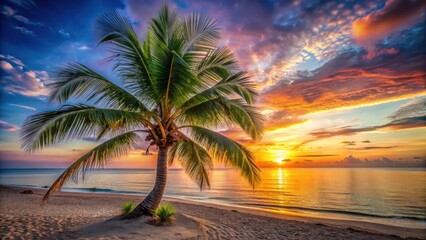 Detaield palm tree with colorful fronds and trunk on a beach at sunset