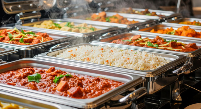 Rows of stainless steel chafing dishes filled with steaming Indian cuisine, showcasing various curries and rice, representing a buffet, delicious food, and culinary experience