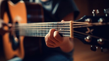 Fototapeta premium A person playing an acoustic guitar in a dimly lit room.