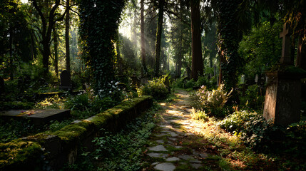 Obraz premium Overgrown cemetery covered in ivy, volumetric rays through trees, linear depth, complementary palette green-orange, mossy rough textures