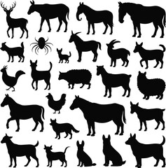 Farm and wild animal silhouettes including dogs, goats, horses, and more, perfect for vector design, illustrations, education, and branding.