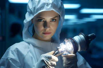 Scientist in protective gear working with equipment in a laboratory setting at night