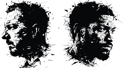 Woman's Abstract art face into grunge fragments into a storm of blue and grey on transparent. Conveys themes of decay, fragility, and hidden beauty.