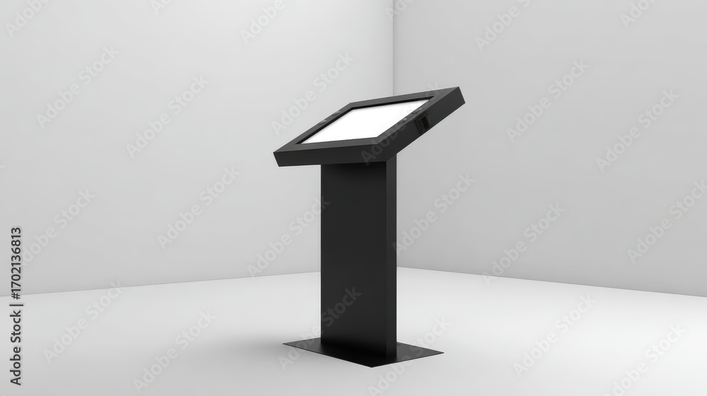 Poster interactive information kiosk with blank screen display isolated in a minimalist white corner room