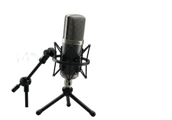 Professional studio condenser microphone, silver grille, matte black, on black shock mount and tripod, transparent background, subtle audio waveform, close-up, concept of professional audio