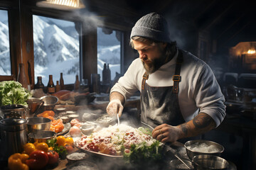 Chef prepares fresh salad with snow-capped mountains in the background during winter at a cozy alpine lodge