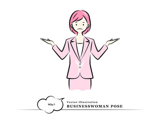 両手を広げて「なぜ！」と疑問に思うビジネスウーマン(困る,悩む,不思議に思う)｜ビジネスポーズ