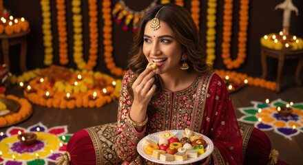 Indian woman in a festive dressed sits in a beautifully decorated room holding a plate of traditional sweets