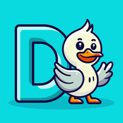 D for Duck. Cute cartoon vector illustration of a happy duck, animal, and the letter D.