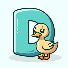 D is for Duck. Cute and funny cartoon vector illustration of a happy duck, animal, and the letter D