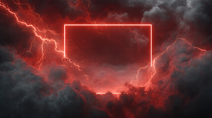 Dramatic Red Neon Frame Surrounded by Dark Stormy Clouds and Lightning Strikes