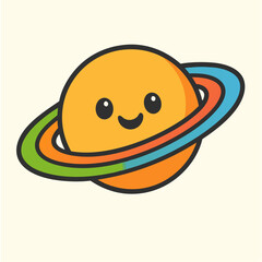 Cute cartoon Saturn planet character with a happy smiling face and colorful rings on a light background