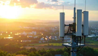 Cell tower with antennas at sunset