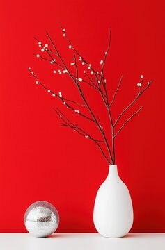 Minimalist white vase with black twig branches and berries against a bold red background, featuring a decorative silver sphere on a white surface