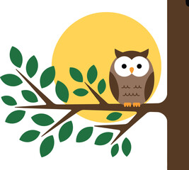 Flat vector illustration of a cute brown owl sitting on a tree branch with green leaves, yellow sun, nature scene