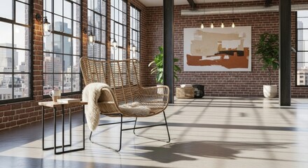 Modern Loft Interior with Wicker Chair, Brick Wall, and City View