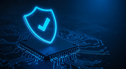 Data protection for digital age secured microchip with neon blue shield and checkmark against cyber
