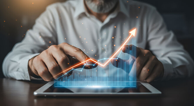 Businessman visualizing company growth on a tablet with financial charts and rising trends soft