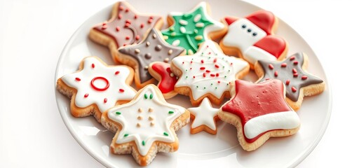 A plate of assorted Christmas cookies, decorated with festive icing, isolated on white,  icing,  chocolate