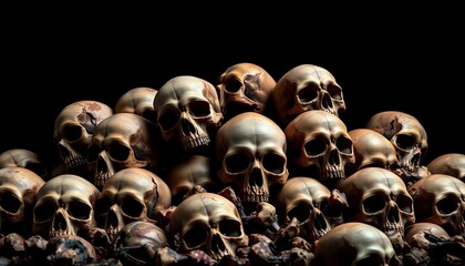 A grim pile of skulls against a stark black backdrop,  devastation,  human remains